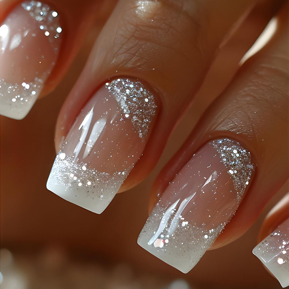 Sparkling White-Edges With Glue Diy Art Design False Nails Wearable Nails - 24Pcs
