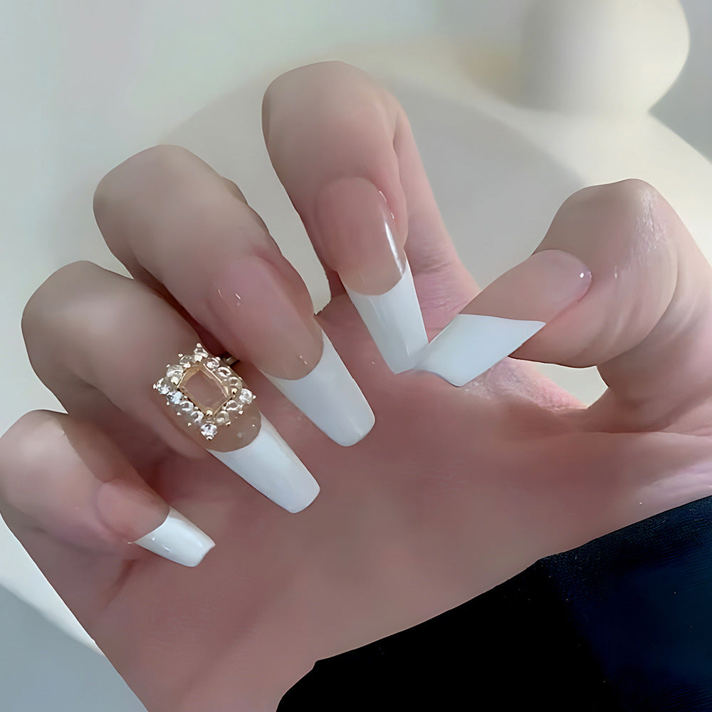 Milk White Rhinestone Box Long Fake Nail With Glue Diy Art Design False Nails - 24Pcs