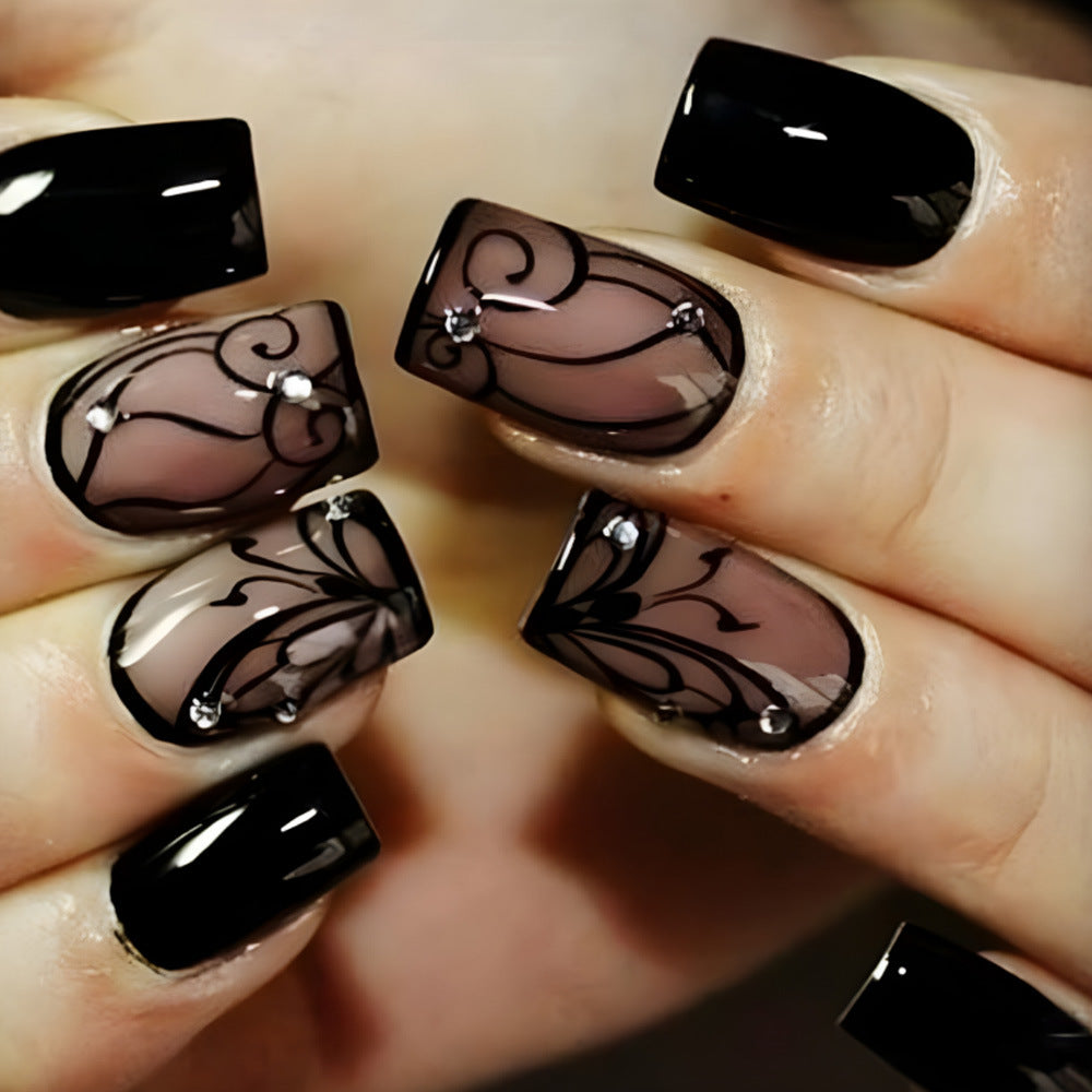 Dark Ins Style Black Vine Wear Nail Wearable Nails Stylish Pattern Artificial Nails - 24Pcs