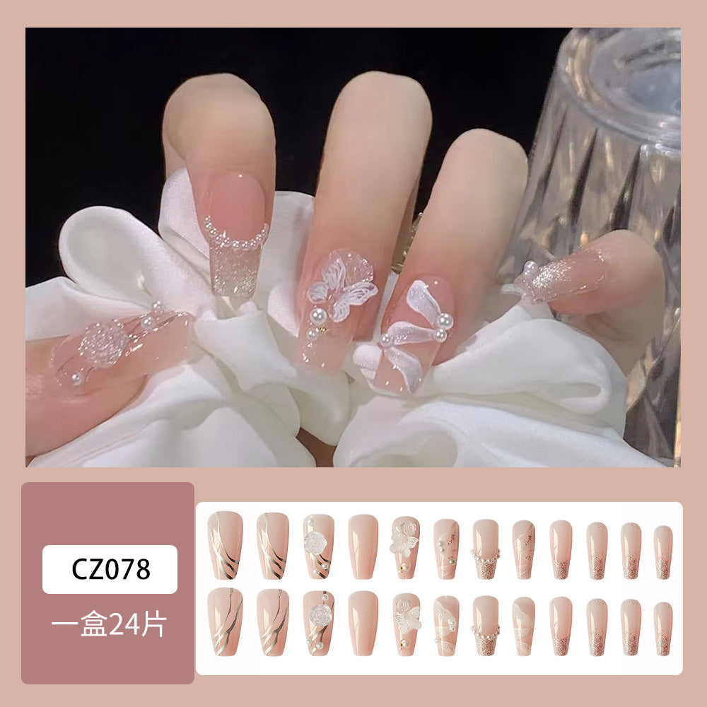 Three-Dimensional Camellia Pearl Hand-Worn Nail Glitter Jelly Gel Wearable Nails - 24Pcs