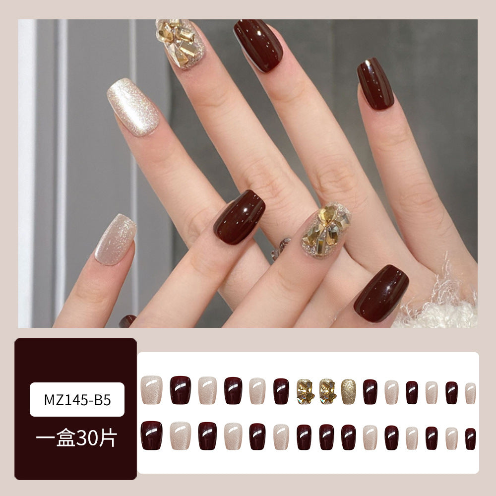 Wine Red Pure Nail With Glue Diy Art Design False Nails Wearable Nails - 24Pcs