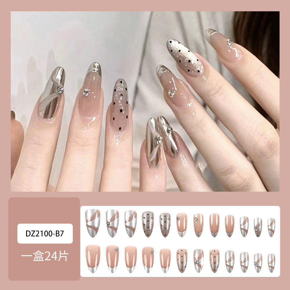 Polka Dot Ribbon High-End Water Drop Nail With Glue Diy Art Design False Nails Wearable Nails - 24Pcs