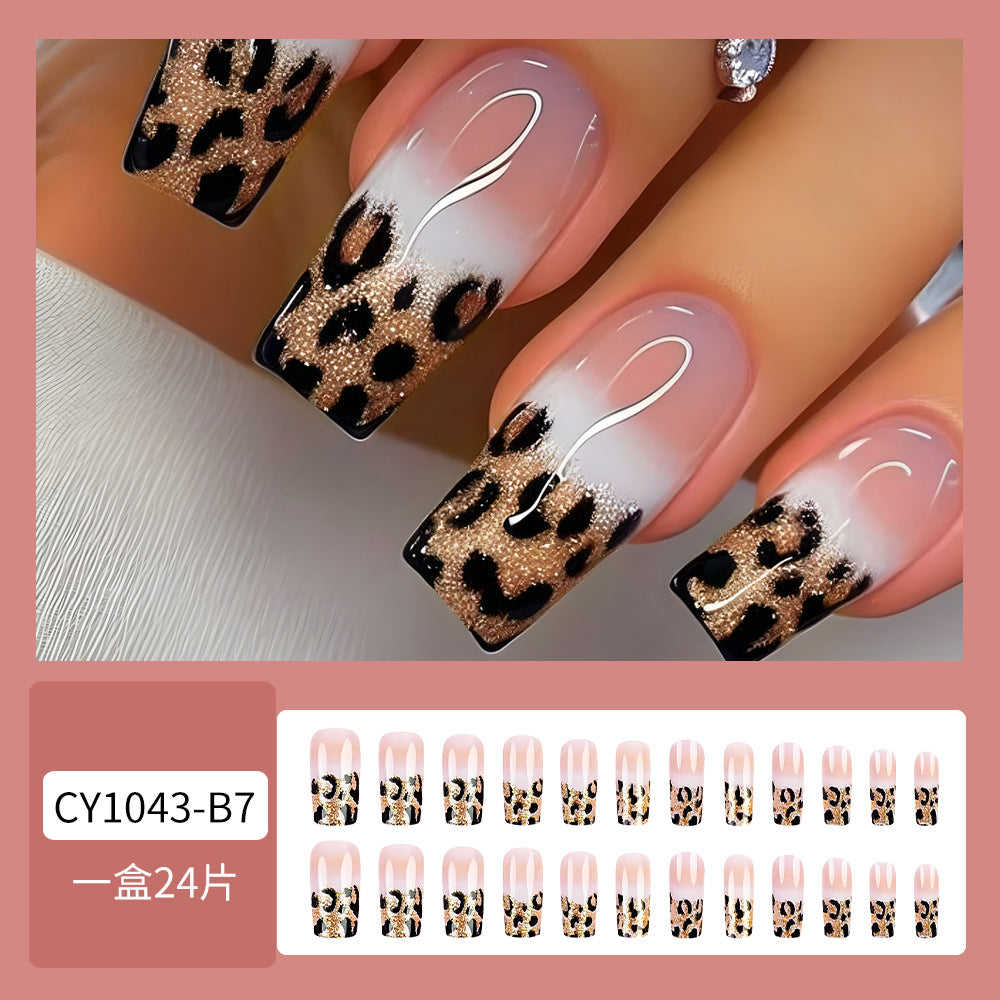 Leopard French Nail Art White Nail Wearable Nails Stylish Pattern Artificial Nails - 24Pcs