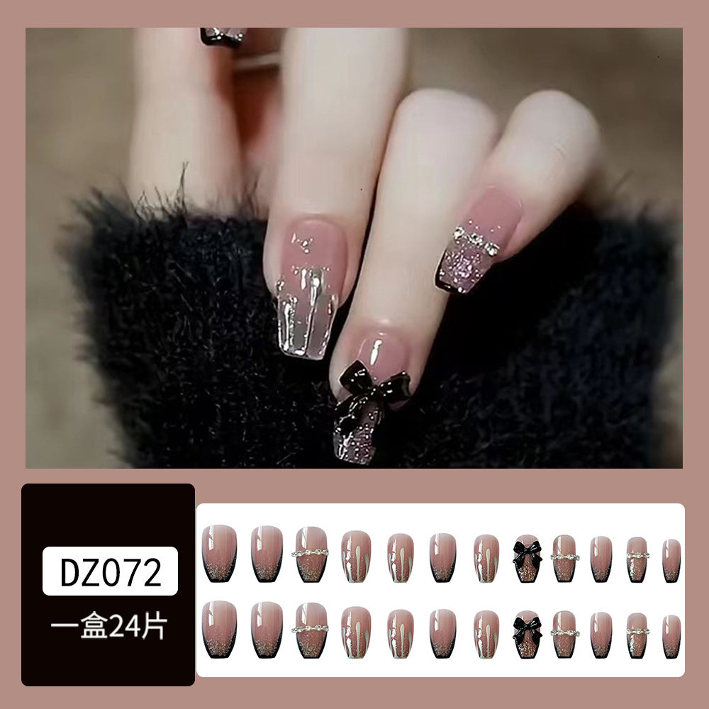 French-Style Black Bowknot Flowing Sand Chain Detachable Fake Nail With Glue - 24Pcs