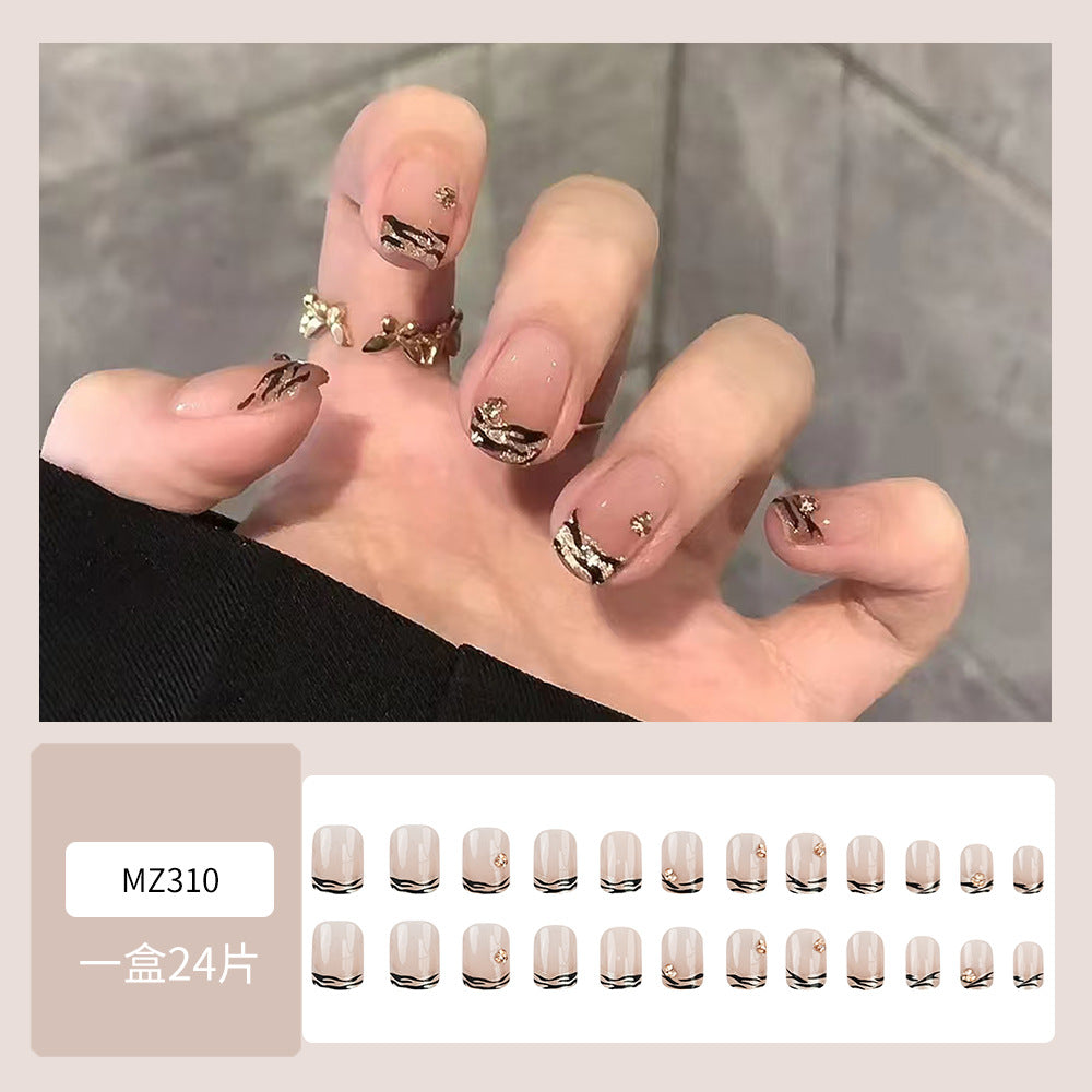 Leopard Print French Nail With Glue Diy Art Design False Nails - 24Pcs