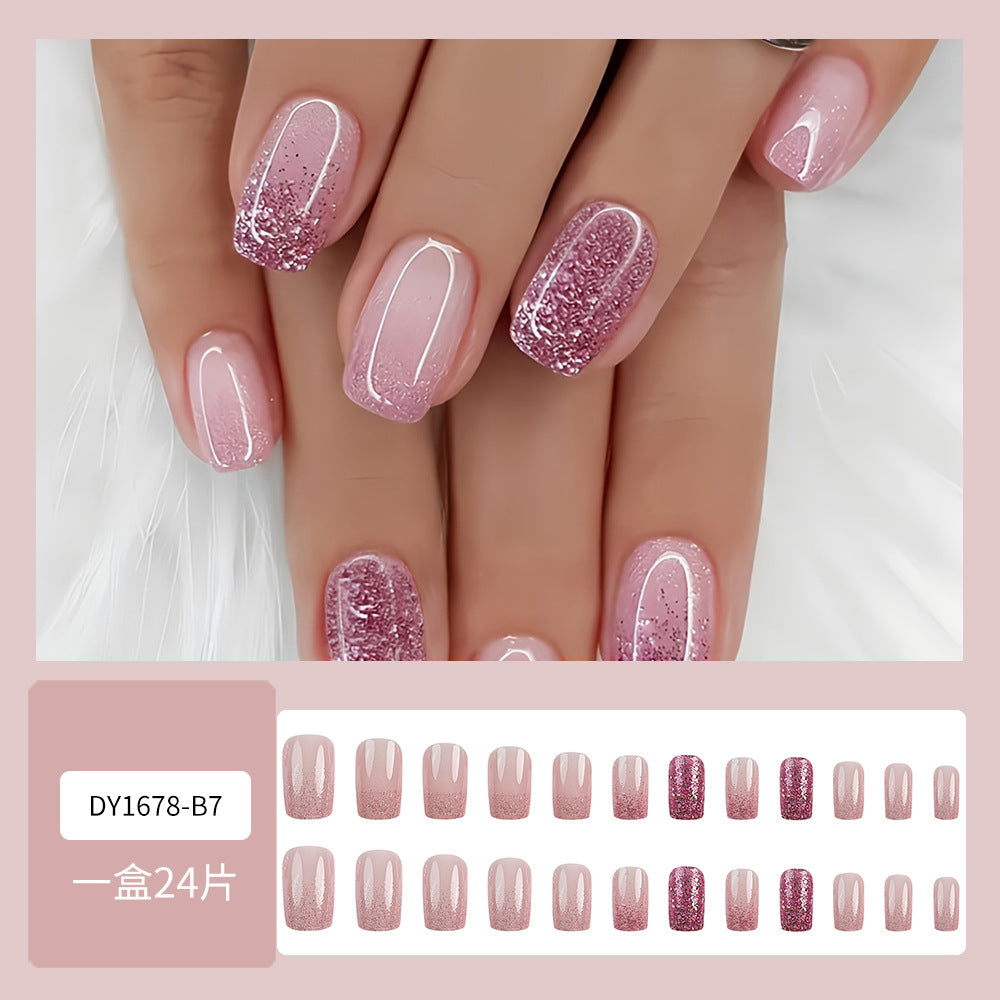 Sparkling Pink Gradient European Square Manicure Wearable Nails -  24Pcs
