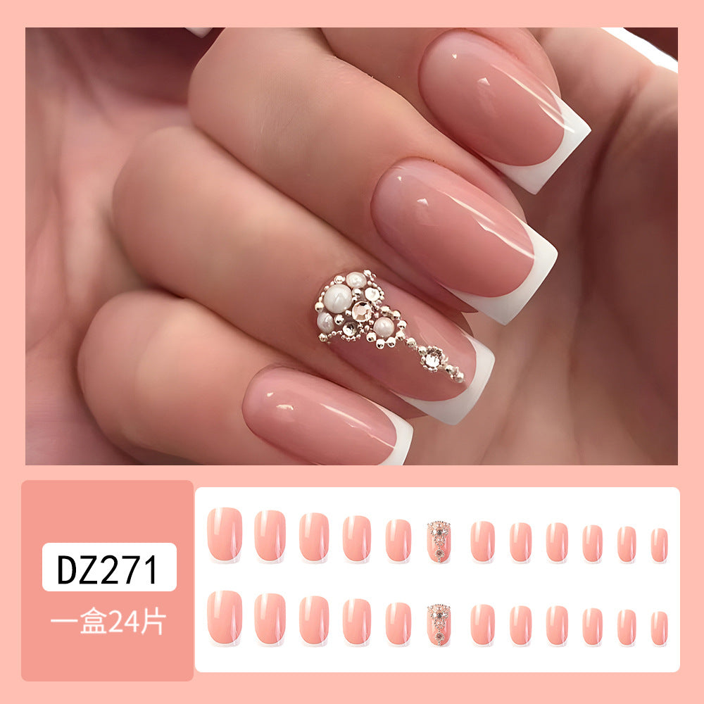 24Pcs Hot-Selling Pearl Rhinestone, White Edge Wearable Nails Stylish Pattern Artificial Nails