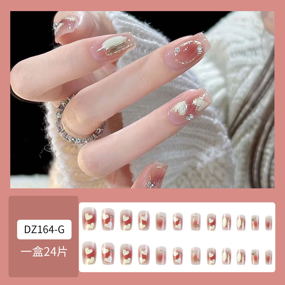 Heart Blush Diamond Manicure Nails With Glue Diy Art Design False Nailsv - 24Pcs