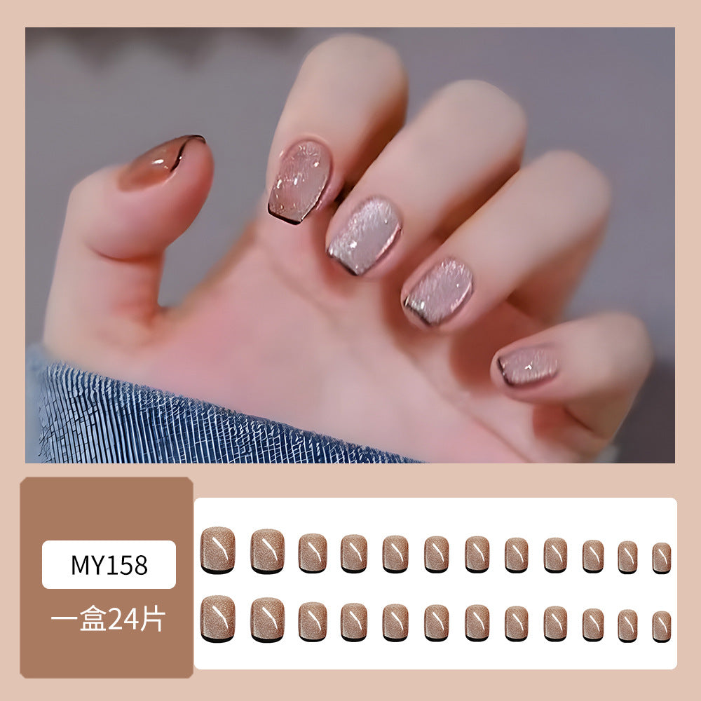 Milk Tea Color Black French Nail With Glue Diy Art Design False Nails - 24Pcs