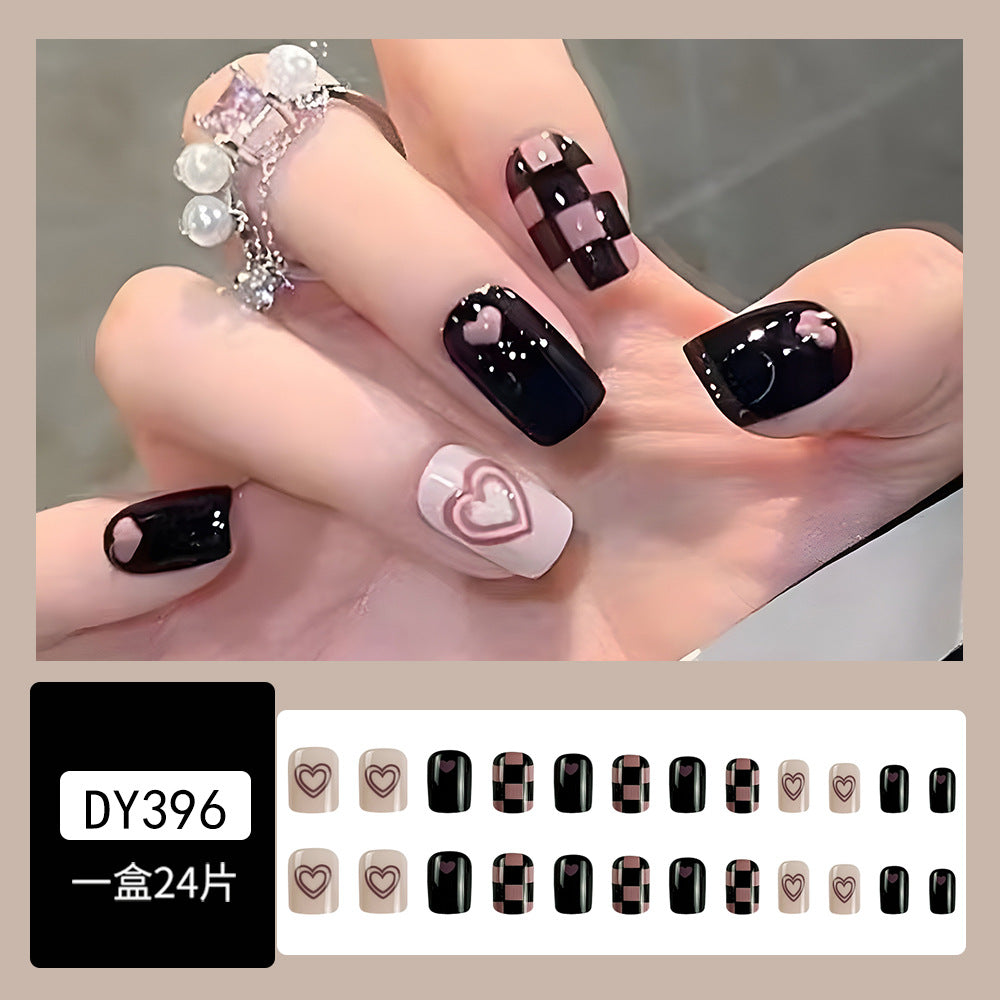 Pink Heart Wearable Fake Nails With Glue Diy Art Design False Nails - 24Pcs