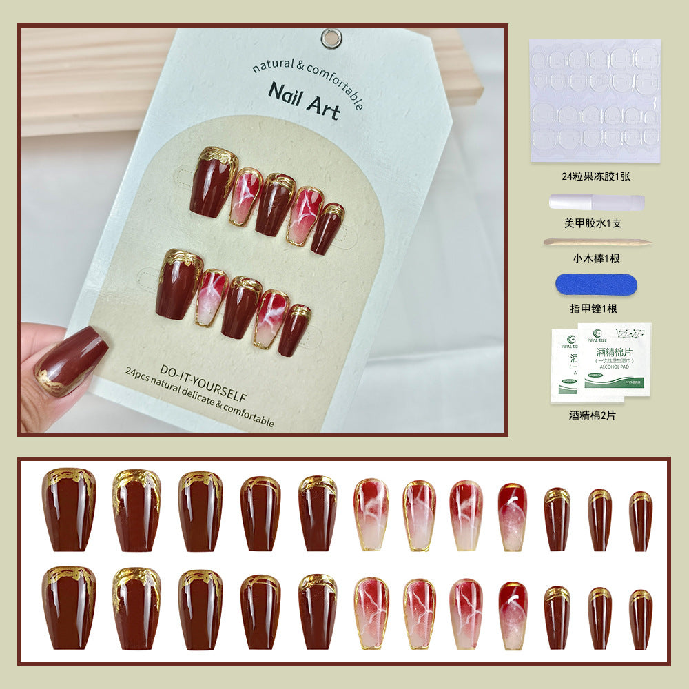 3D Gel Brown-Red Whitening Gilded Lines Nails With Glue - 24PCS