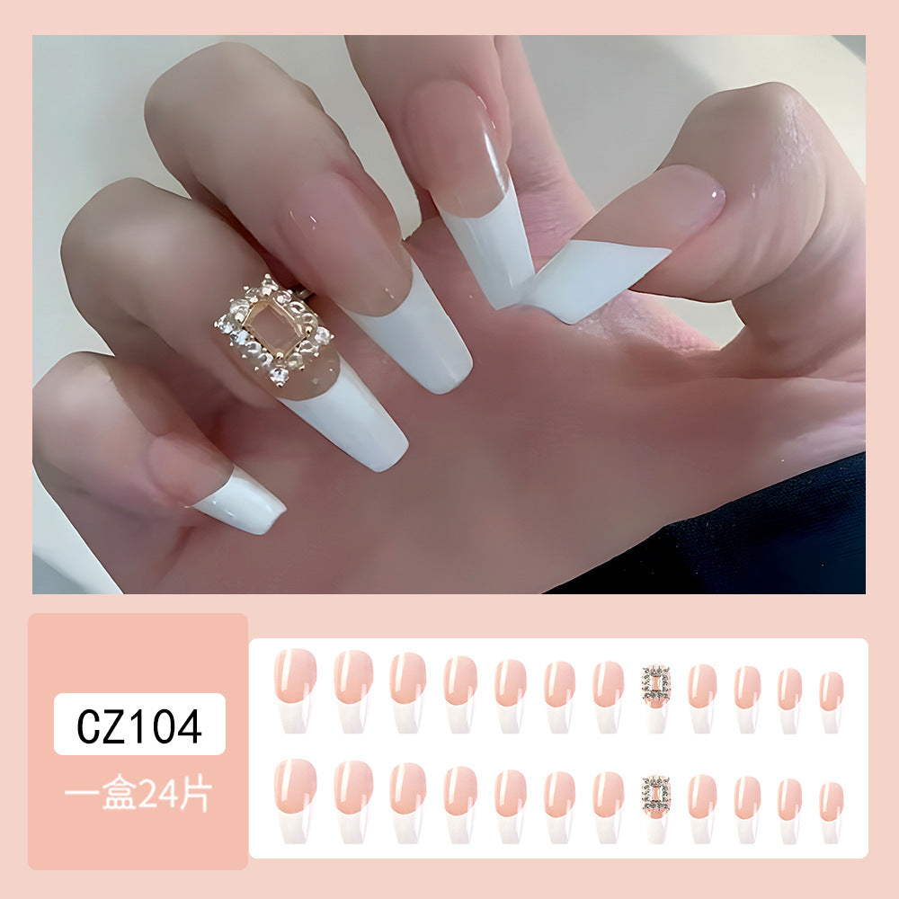 Milk White Rhinestone Box Long Fake Nail With Glue Diy Art Design False Nails - 24Pcs