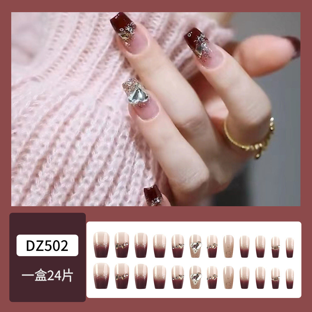 Little Wine Red French Diamond Nail With Glue Diy Art Design False Nails _24Pcs