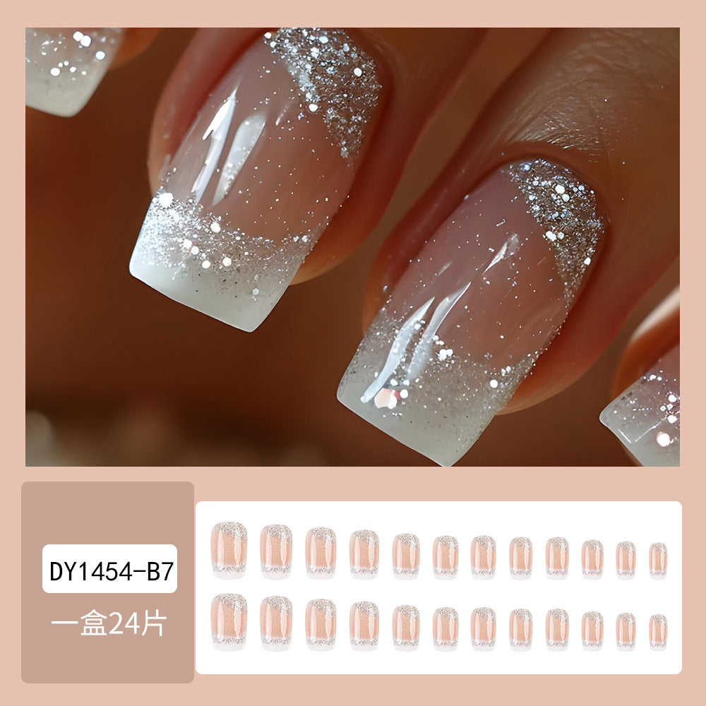 Sparkling White-Edges With Glue Diy Art Design False Nails Wearable Nails - 24Pcs