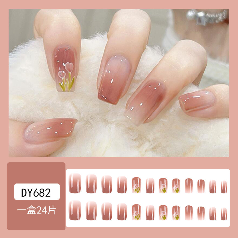 24Pcs Gentle and Sweet Wearable Nail With Glue Diy Art Design False Nails - 24Pcs