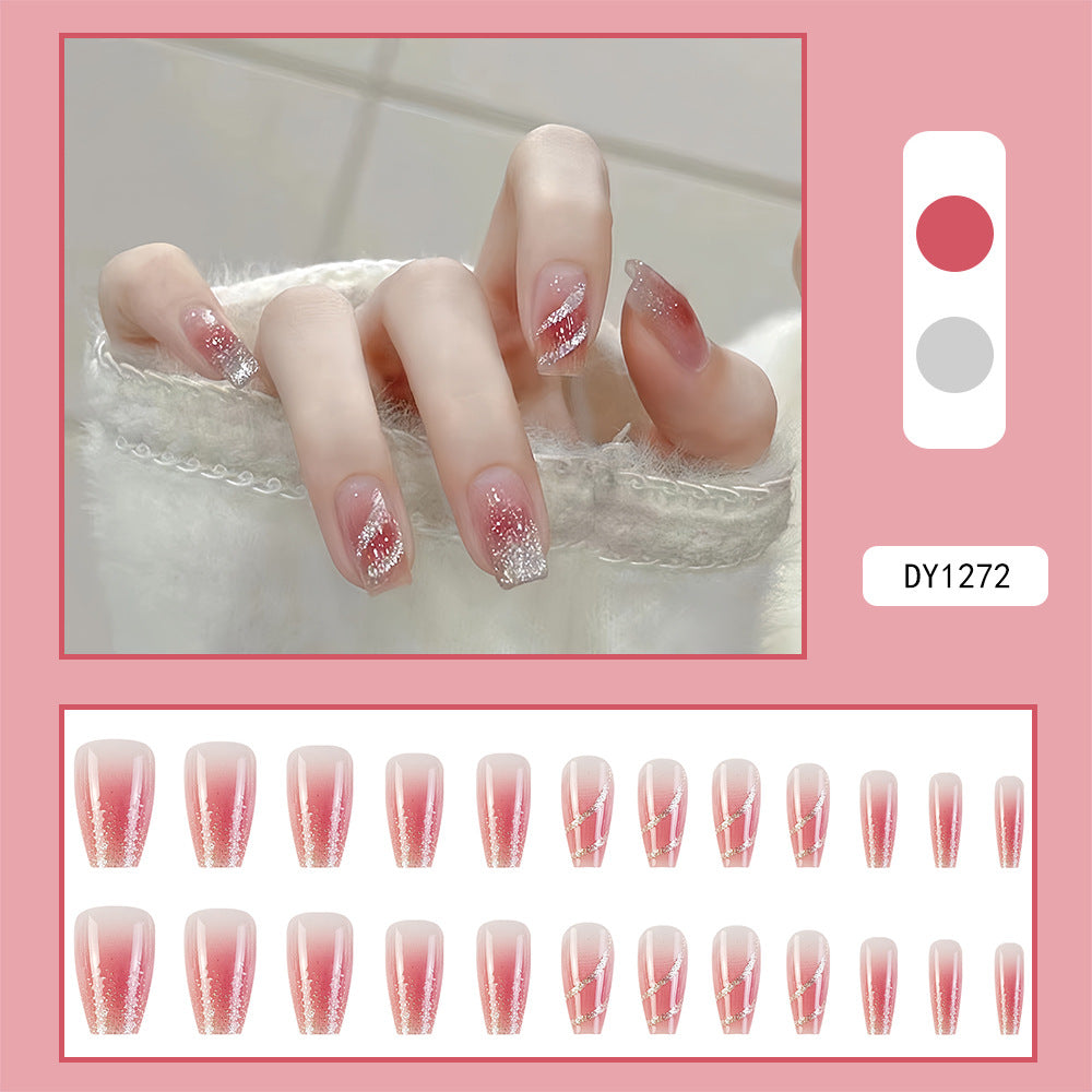 Whitening Glitter Nail With Glue Diy Art Design False Nails Wearable Nails Stylish Pattern Artificial Nails - 24Pcs