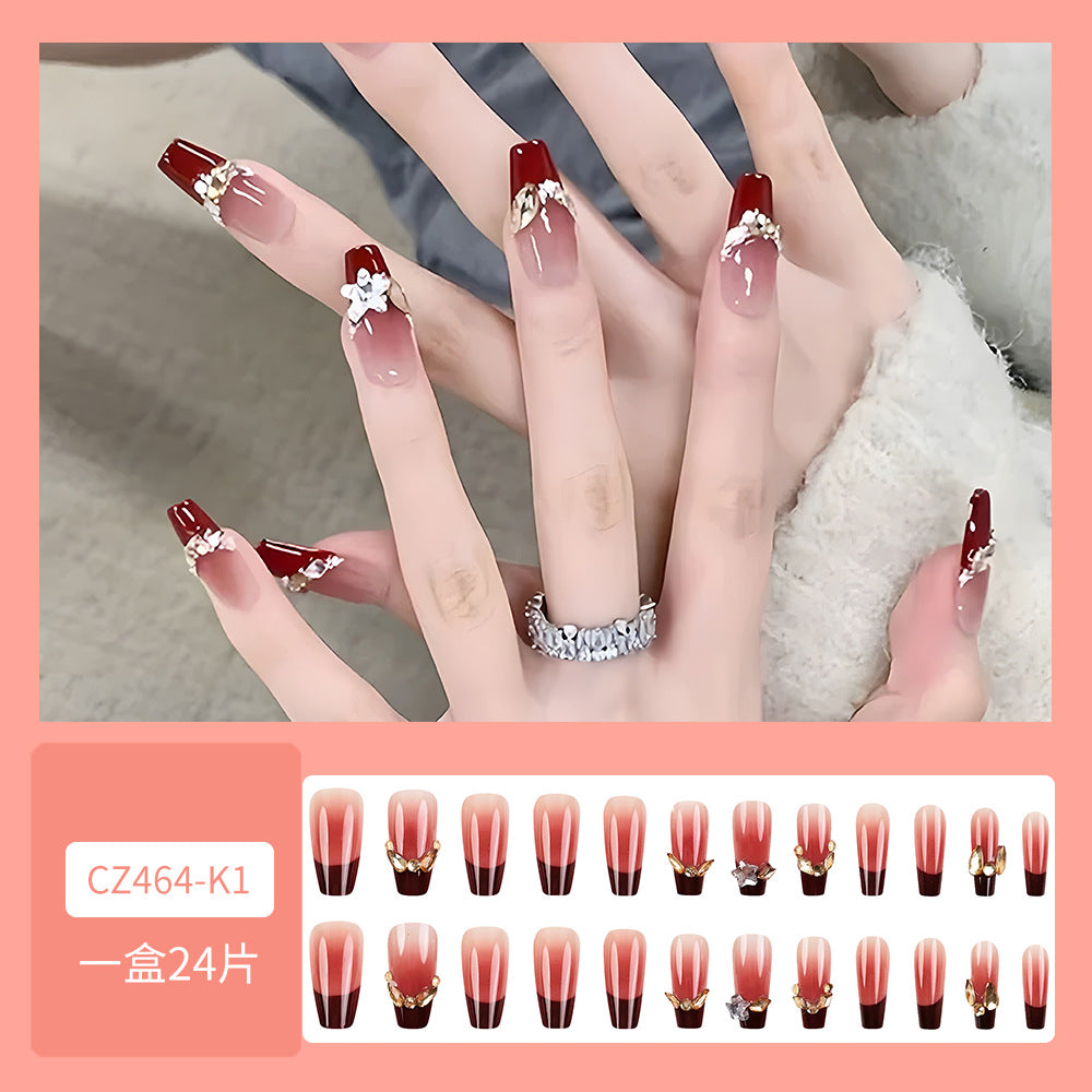 Pink Wine Red Gradient Diamond With Glue Diy Art Design False Nails - 24Pcs