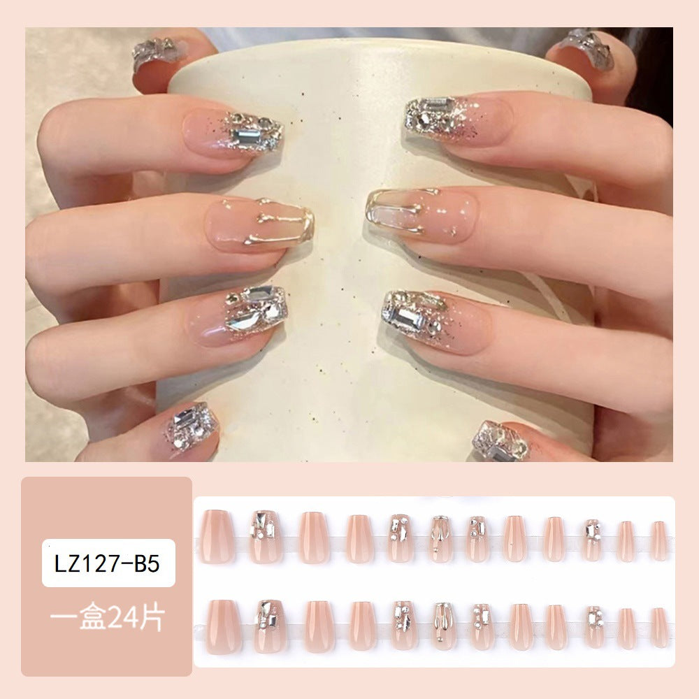 Silver-Edged Diamond Nail With Glue Diy Art Design False Nails Wearable Nails Stylish Pattern Artificial Nails - 24Pcs