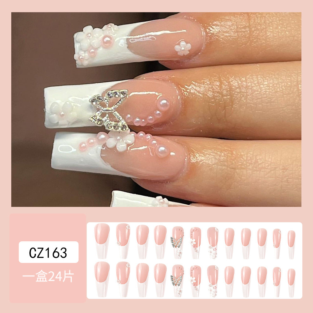 Camellia Pearl Butterfly Nail Art Wearable Nails Stylish Pattern Artificial Nails - 24pcs