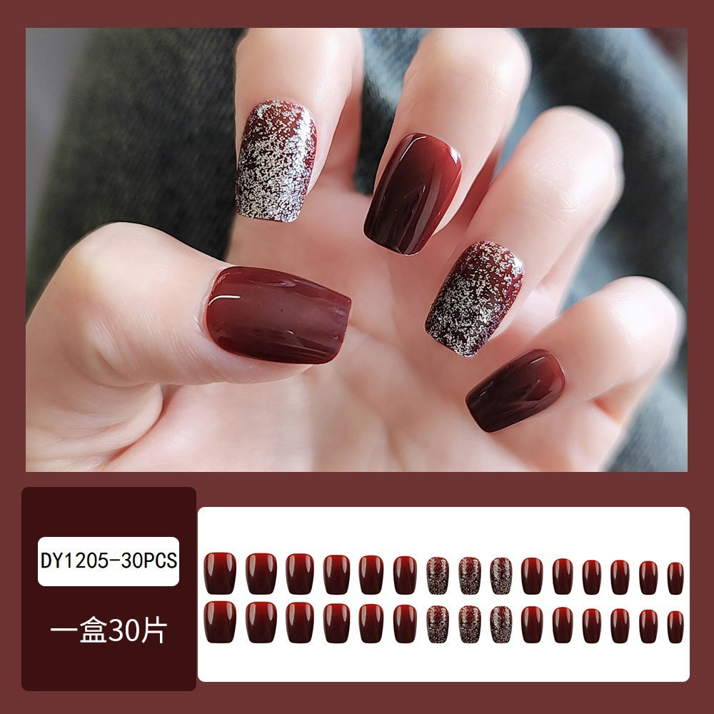 Burgundy with Silver Glitter With Glue Diy Art Design False Nails - 24PCS