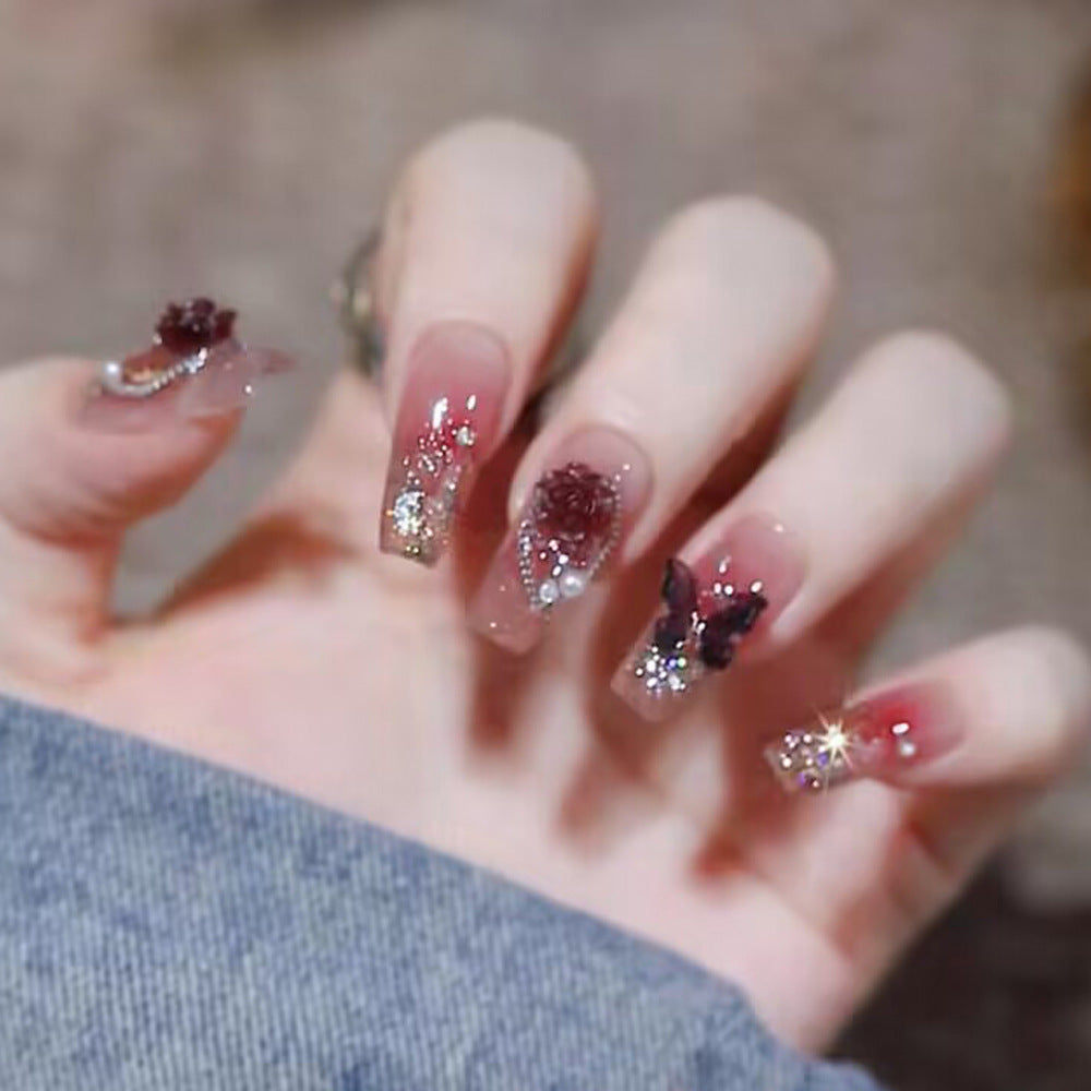 Butterfly Manicure Blush Gradient Camellia Nail Wearable Nails - 24pcs