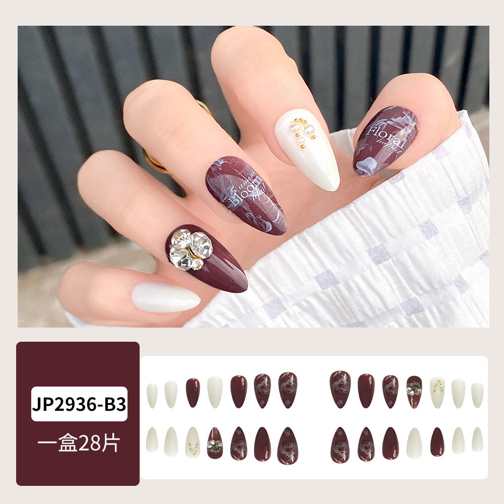 Wine Red Pure White Diamond-Encrusted Almond Nails Wearable Nails  - 24Pcs