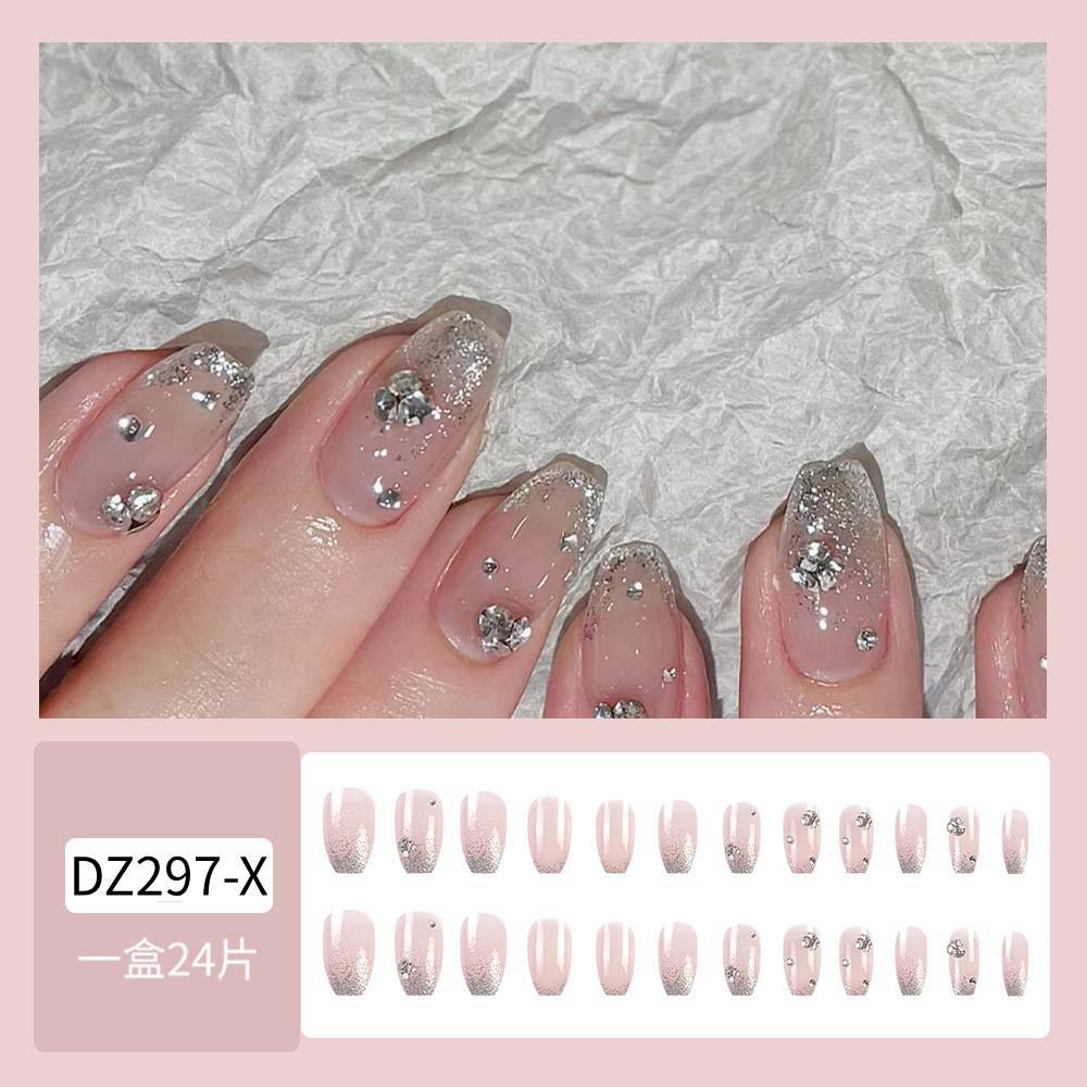Nude Pink And Silver Rhinestone Embellished Nail With Glue Diy Art Design False Nails - 24Pcs