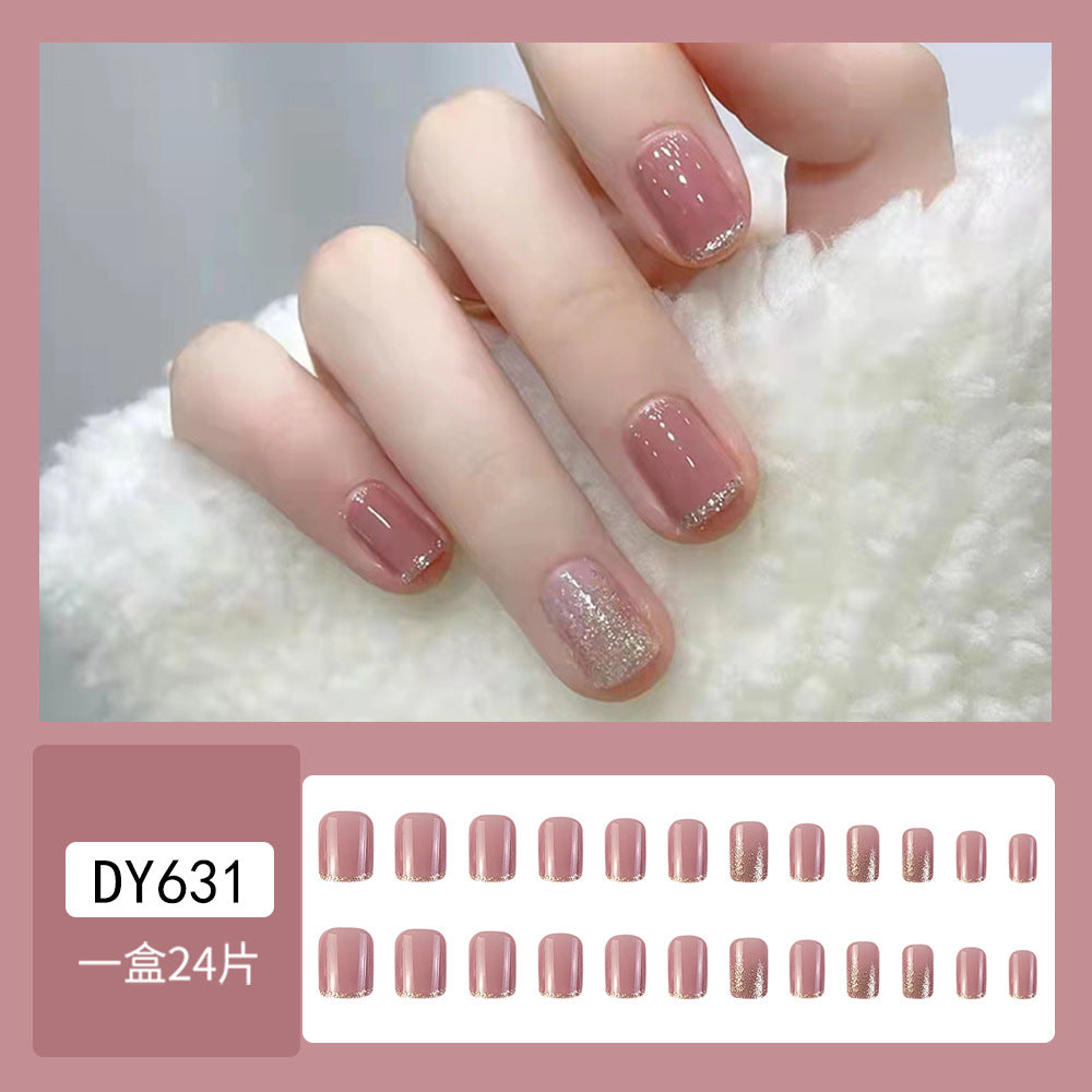 Glitter Pink Transparent Whitening Fake Nails With Glue - 24PCS