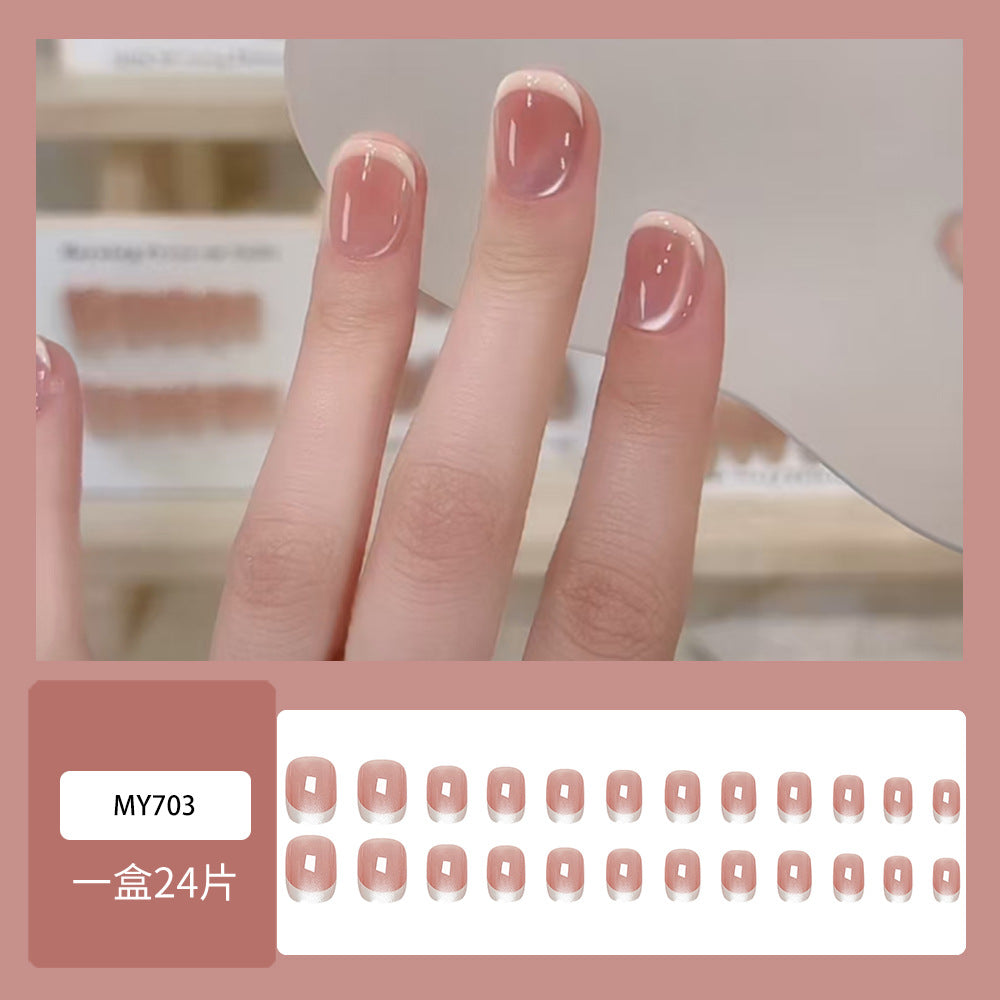 Minimalist White-Edged French Cat-Eye Nail With Glue Diy Art Design False Nails - 24Pcs