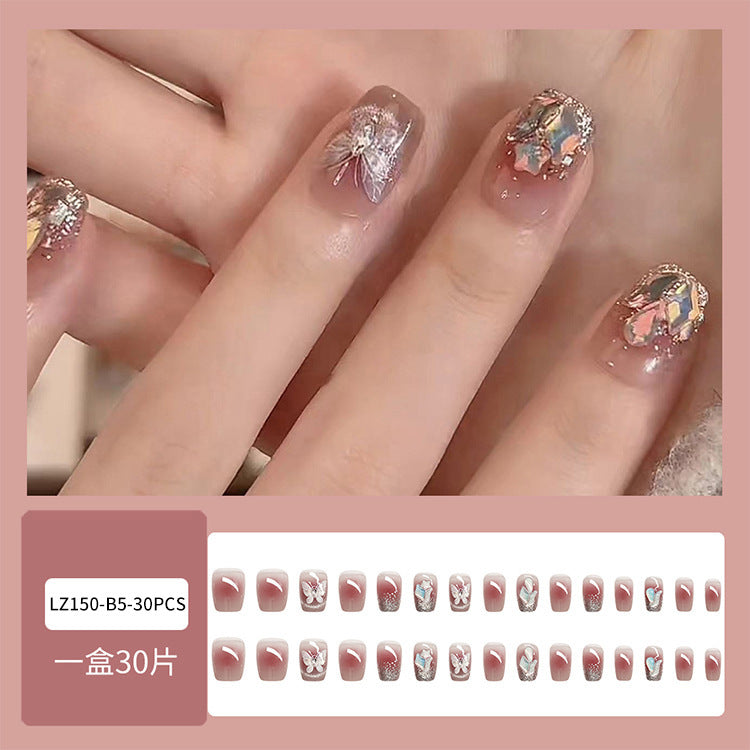 Style Sweet Gradient Star Butterfly Diamond Nail Wearable Nails - 24Pcs