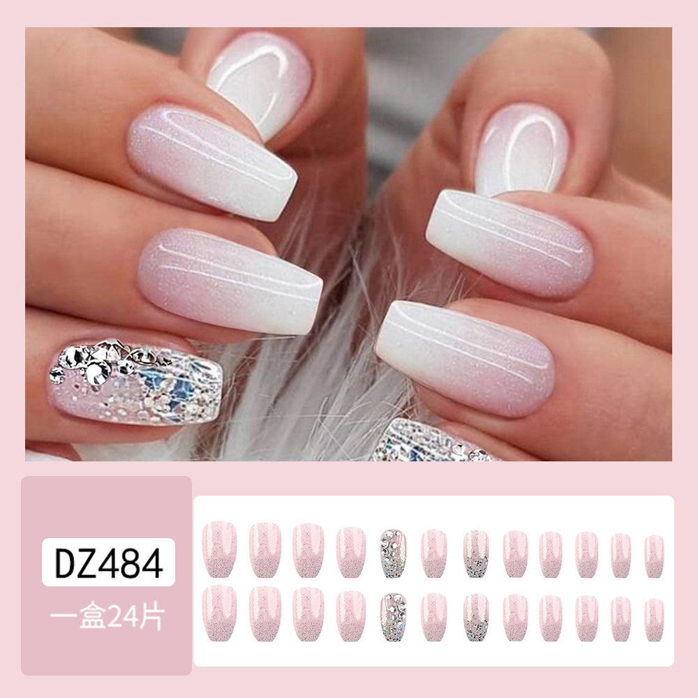 White Glitter Rhinestone Nail With Glue Diy Art Design False Nails - 24Pcs