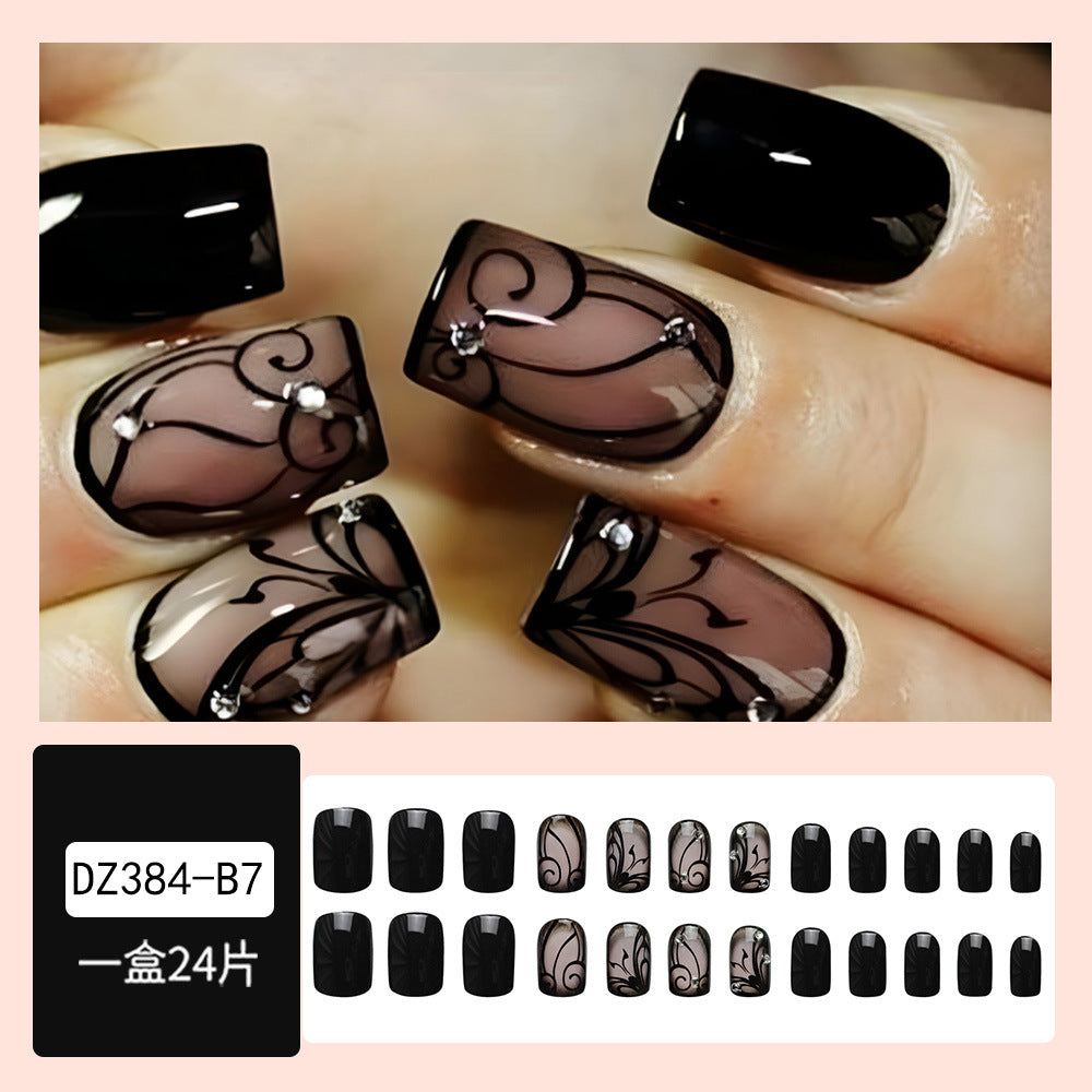 Dark Ins Style Black Vine Wear Nail Wearable Nails Stylish Pattern Artificial Nails - 24Pcs