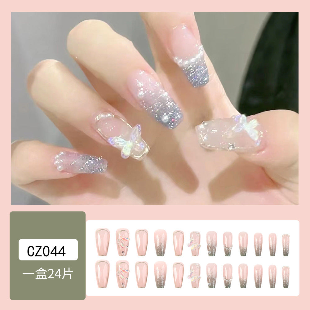 Silver Flash Butterfly Pearl Wear Armor Sweet Cool Removable Fake Nail With Glue - 24Pcs