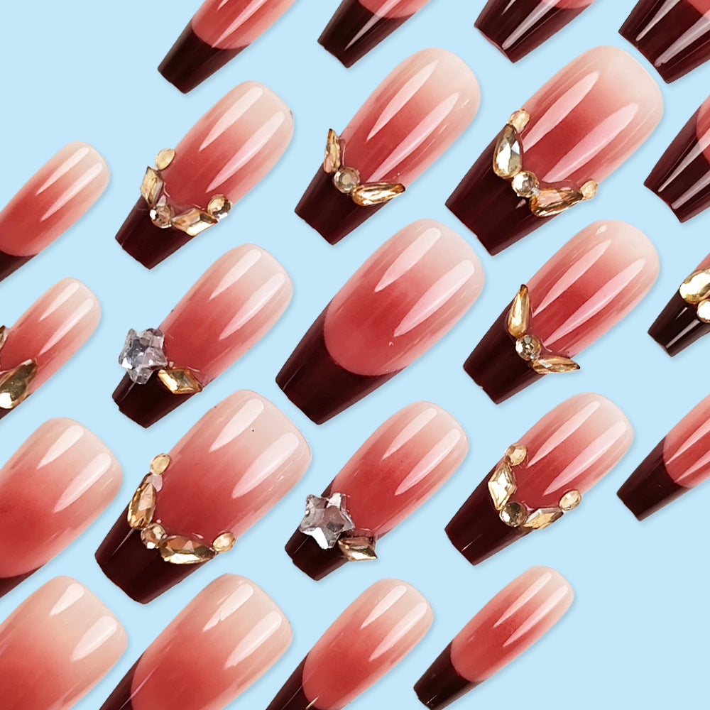 Pink Wine Red Gradient Diamond With Glue Diy Art Design False Nails - 24Pcs