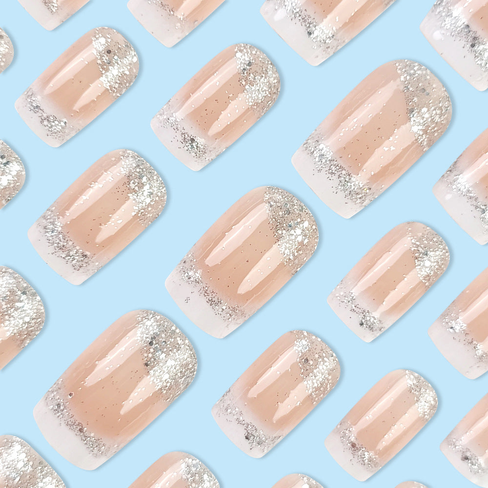 Sparkling White-Edges With Glue Diy Art Design False Nails Wearable Nails - 24Pcs