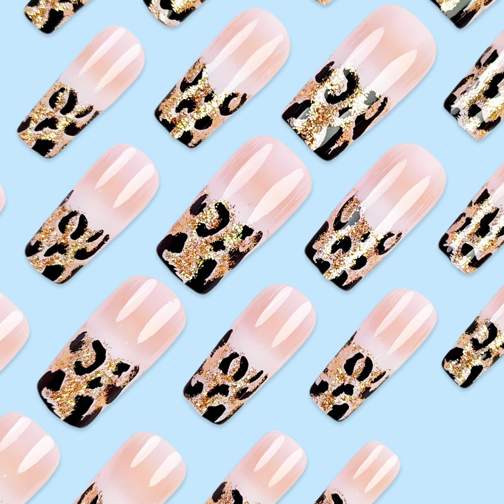 Leopard French Nail Art White Nail Wearable Nails Stylish Pattern Artificial Nails - 24Pcs