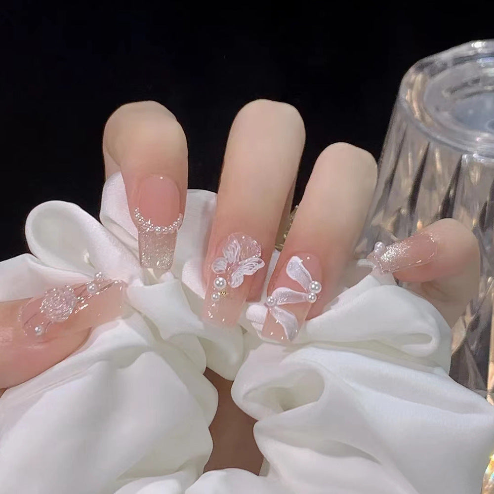 Three-Dimensional Camellia Pearl Hand-Worn Nail Glitter Jelly Gel Wearable Nails - 24Pcs