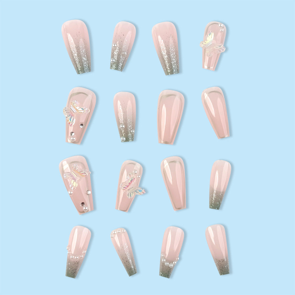Silver Flash Butterfly Pearl Wear Armor Sweet Cool Removable Fake Nail With Glue - 24Pcs