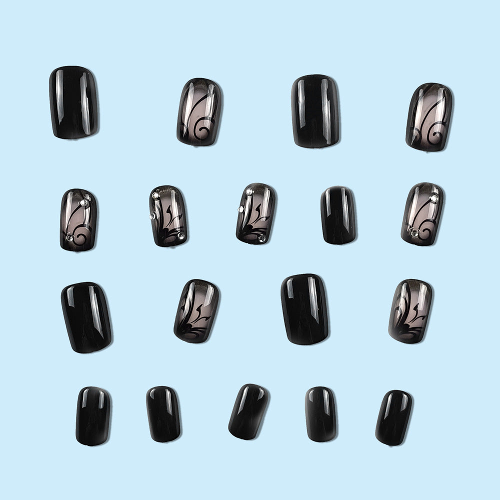 Dark Ins Style Black Vine Wear Nail Wearable Nails Stylish Pattern Artificial Nails - 24Pcs