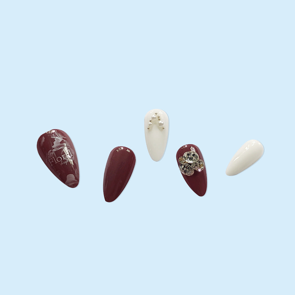 Wine Red Pure White Diamond-Encrusted Almond Nails Wearable Nails  - 24Pcs