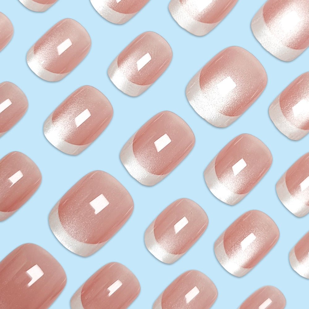 Minimalist White-Edged French Cat-Eye Nail With Glue Diy Art Design False Nails - 24Pcs