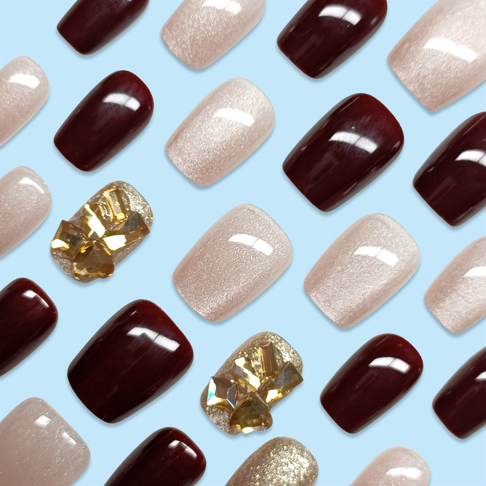 Wine Red Pure Nail With Glue Diy Art Design False Nails Wearable Nails - 24Pcs