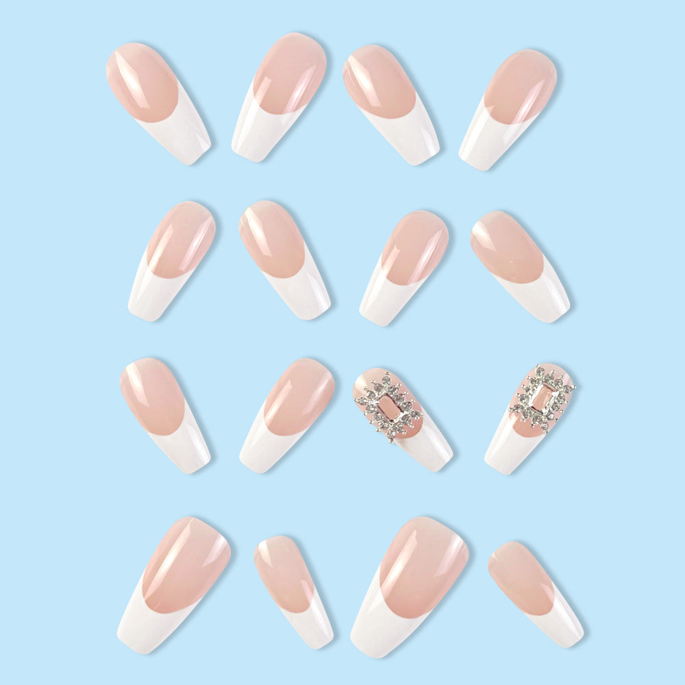 Milk White Rhinestone Box Long Fake Nail With Glue Diy Art Design False Nails - 24Pcs