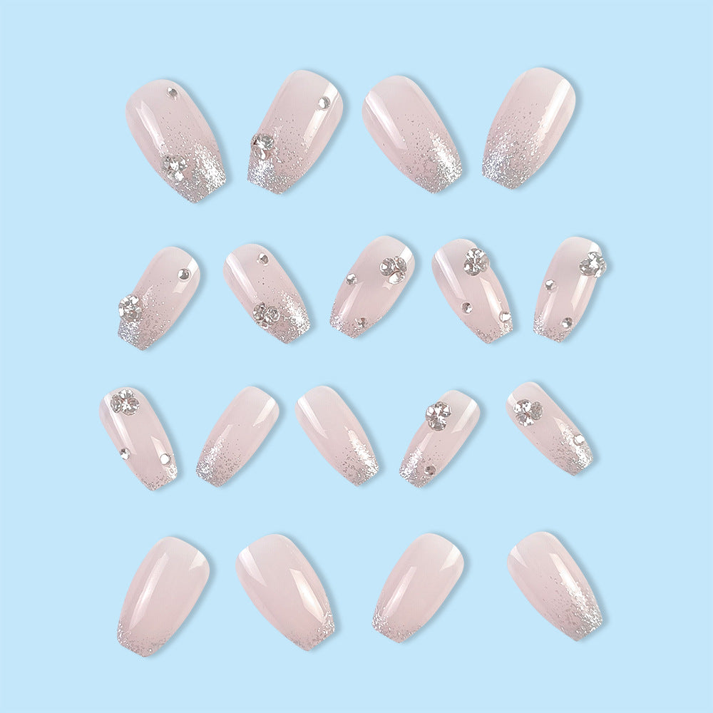 Nude Pink And Silver Rhinestone Embellished Nail With Glue Diy Art Design False Nails - 24Pcs