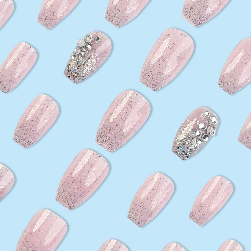 White Glitter Rhinestone Nail With Glue Diy Art Design False Nails - 24Pcs
