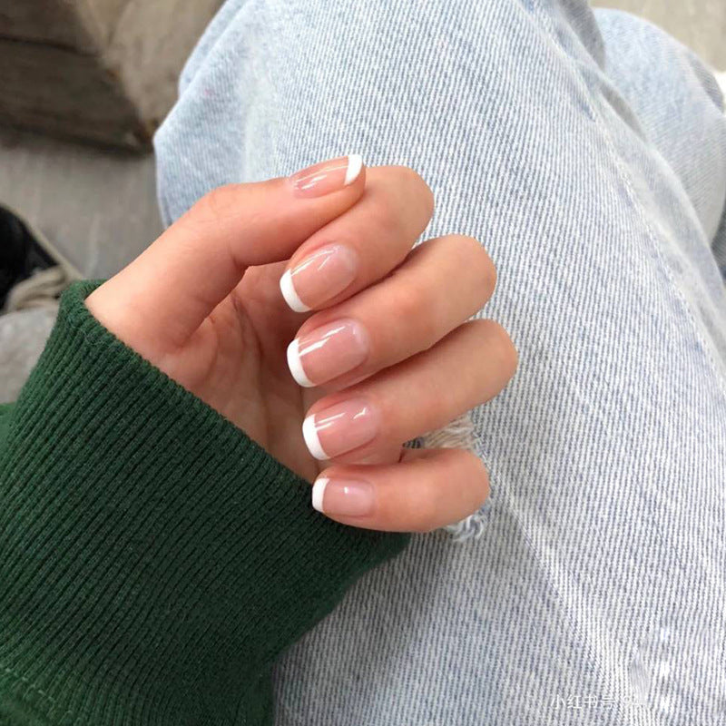 Jelly French White Fake Nail With Glue Diy Art Design False Nails - 24Pcs