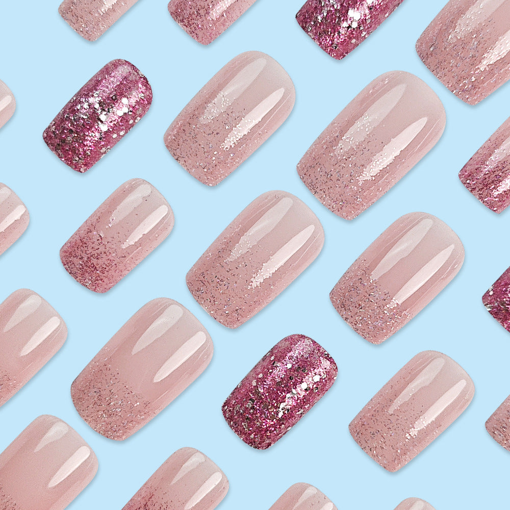 Sparkling Pink Gradient European Square Manicure Wearable Nails -  24Pcs