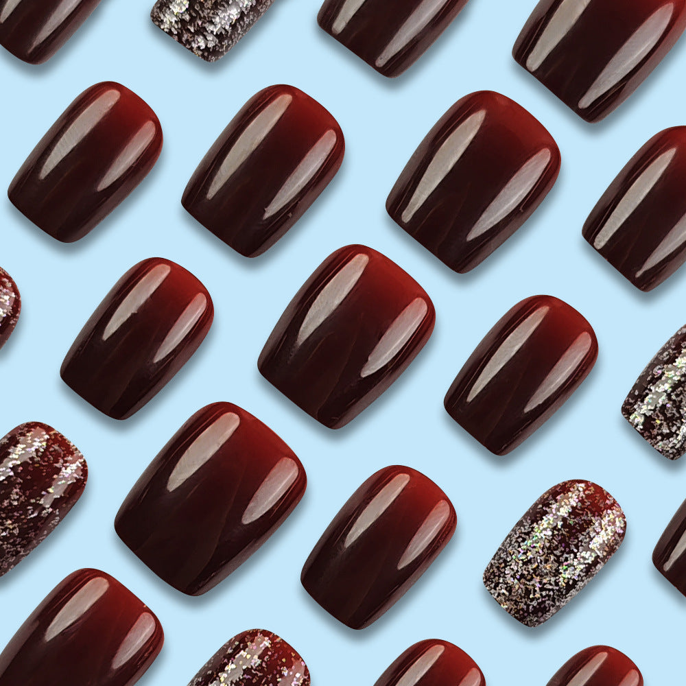 Burgundy with Silver Glitter With Glue Diy Art Design False Nails - 24PCS
