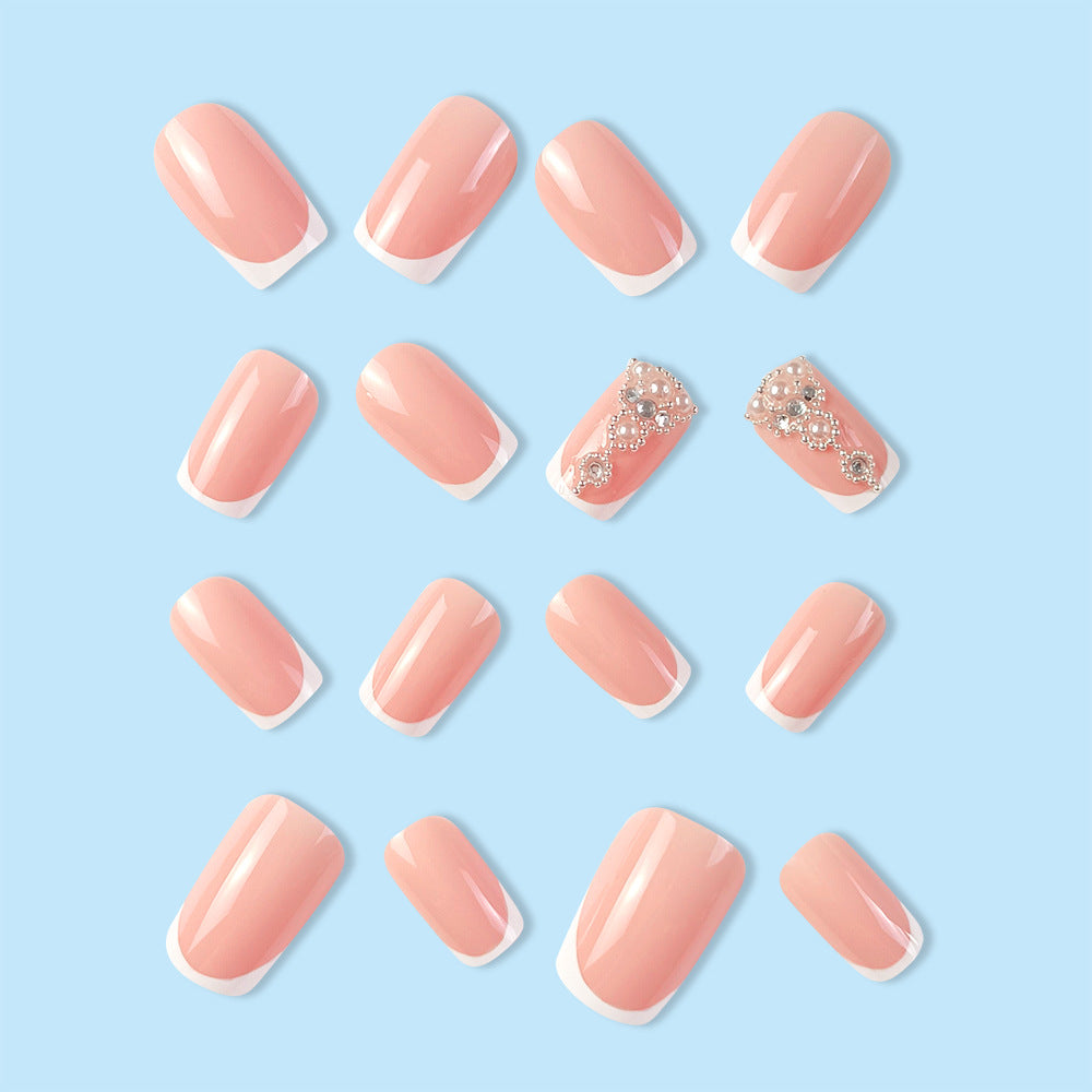 24Pcs Hot-Selling Pearl Rhinestone, White Edge Wearable Nails Stylish Pattern Artificial Nails