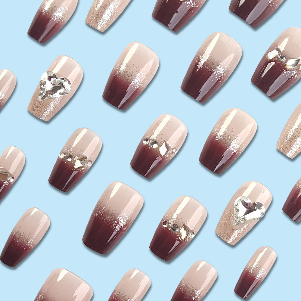 Little Wine Red French Diamond Nail With Glue Diy Art Design False Nails _24Pcs